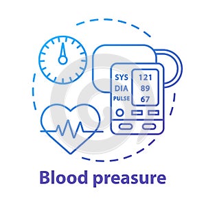 Blood pressure control device concept icon. Heart monitoring idea thin line illustration. Systolic and diastolic photo