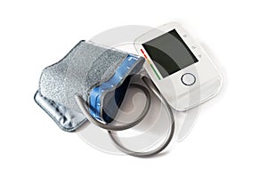 Blood pressure gauge with a blank digital monitor to indicate hypertension and pulse, isolated on a white background, health and