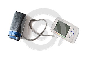 Blood pressure gauge with cuff and monitor connected with a tube