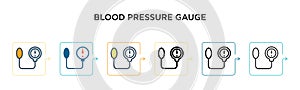 Blood pressure gauge vector icon in 6 different modern styles. Black, two colored blood pressure gauge icons designed in filled,