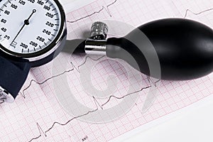 A Blood pressure manometer on a cardiogram ECG, Aneroid sphygmomanometer. Medical healthcare.