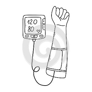 Blood pressure measurement. Electronic tonometer. Hypertension vector illustration isolated on white background.