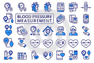 Blood Pressure Measurement icon set in line design blue. Hypertension, Hypotension, Systolic Pressure, Diastolic photo