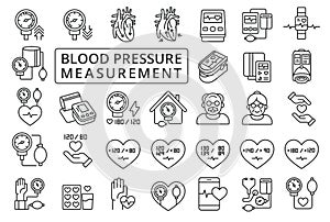 Blood Pressure Measurement icon set in line design. Hypertension, Hypotension, Systolic Pressure, Diastolic Pressure photo