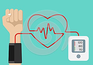 Blood pressure measuring concept with arm, blood pressure monitor or sphygmomanometer and heartbeat with heart shape. Vector