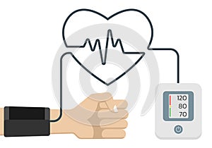 Blood pressure measuring concept with arm, blood pressure monitor or sphygmomanometer and heartbeat with heart shape. Vector