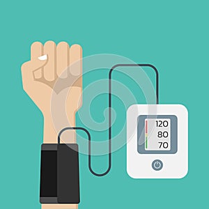 Blood pressure measuring concept with arm and blood pressure monitor or sphygmomanometer. Vector illustration.