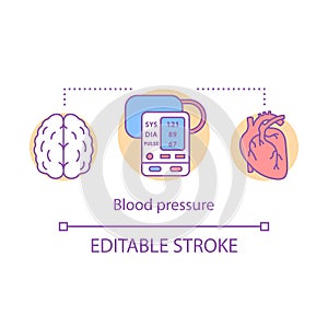 Blood pressure measuring concept icon. Brain, heart functioning monitoring idea thin line illustration. Systolic and photo