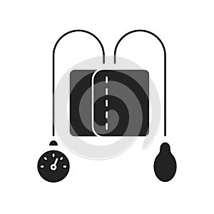 Blood pressure measuring device black glyph icon. High blood examination. Medical equipment. Outline pictogram for web