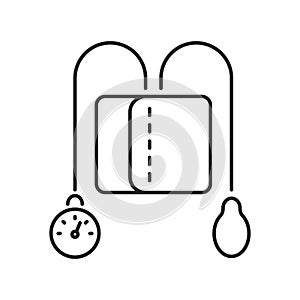 Blood pressure measuring device black line icon. High blood examination. Medical equipment. Outline pictogram for web