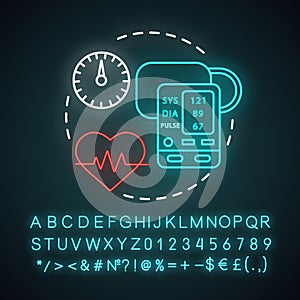 Blood pressure measuring neon light concept icon. Heart functioning monitoring idea. Systolic and diastolic pressure photo