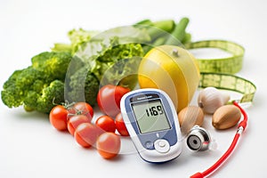 Blood Pressure Meter Surrounded by Vegetables and Fruits, In the healthy eating concept, a glucose meter, fresh vegetables, and a