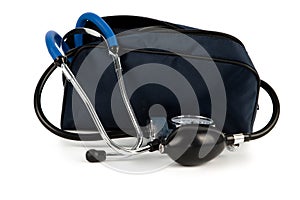 Blood pressure monitor and phonendoscope isolated on white background