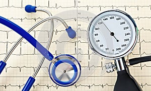 Blood pressure monitor, stethoscope and EKG curve