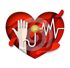 Blood pressure, vector paper cut illustration. Health care and medicine poster template.