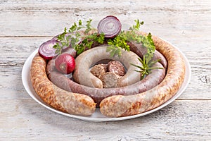 Blood pudding, sausage and white pudding