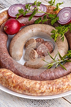 Blood pudding, sausage and white pudding