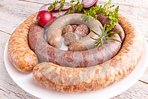 Blood pudding, sausage and white pudding