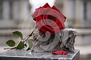 a blood-red rose on a stone pedestal