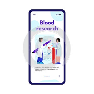 Blood research and hematology analysis online app cartoon vector illustration.