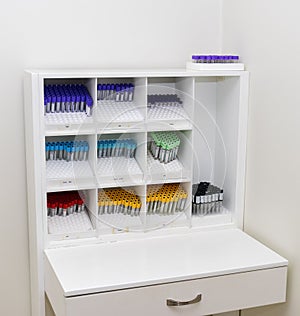 Blood ,semen samples and ,serum specimen medical test tubes on a tray in laboratory room at general hospital for clinical lab