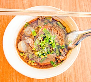 Blood soup noodle. Boat noodles is a Thai style noodle dish, wh