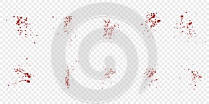 Blood Spatter Set. Red Drip Splatter. Grunge Splash Collection. Splat Pattern on Transparent Background, Paint Ink Stain
