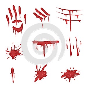 Blood spatters set, red palm prints, finger smears and stains vector Illustrations on a white background photo