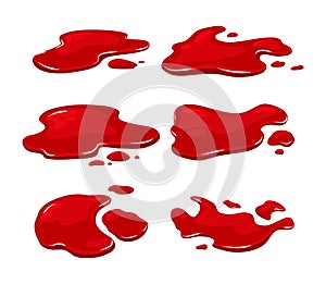 Blood spill set on a white isolated background. Red puddle of paint. Vector cartoon illustration.