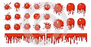 Blood splash splatter red cartoon set stain splat halloween collection drop horror splashes vector