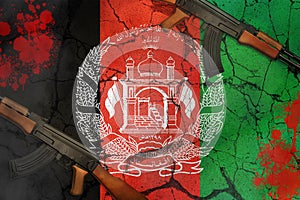 Blood splatters and AK47s. Fall of Kabul visual. Atrocities, violence and bloodshed in the country