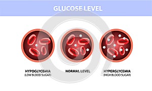 Blood sugar glucose test. Diabetes, insulin, hypoglycemia or hyperglycemia diagram, red blood cells and glucose photo