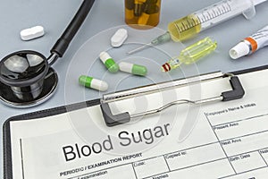Blood Sugar, medicines and syringes as concept