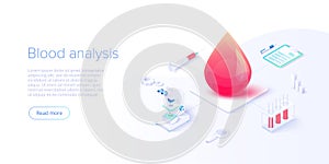 Blood test or analysis in isometric vector illustration. Healthcare concept for clinical laboratory examination. Medical