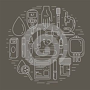 Blood test concept. Vector illustration with blood analysis items