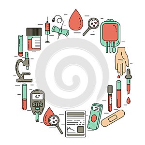Blood test concept. Vector illustration with blood analysis items