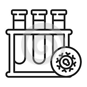 Blood in test tube blackline icon. Oncology medical research. Laboratory diagnostics. Isolated vector element. Outline