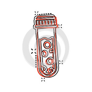 Blood test tube icon in comic style. Hematology cartoon vector illustration on isolated background. Laboratory flask splash effect