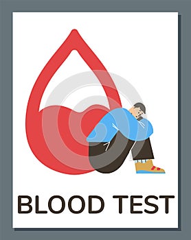 Blood test vector medical poster, a drop of blood sample with sad man, patient monitoring test, anemia diagnostics