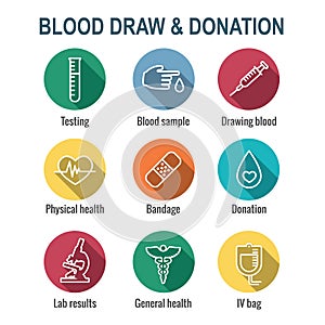 Blood testing and work icon set with syringe, donation, & blood sample ideas