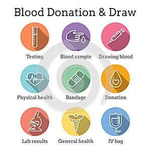 Blood testing and work icon set with syringe, donation, & blood sample ideas