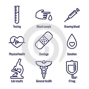 Blood testing and work icon set with syringe, donation, & blood sample ideas