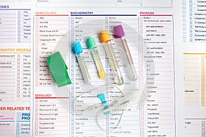 Blood tubes test Set and requisition form for analysis in the worplace of laboratory