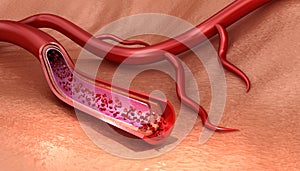 Blood vessel sliced macro with erythrocytes , Medically accurate illustration