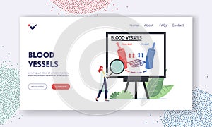 Blood Vessels Landing Page Template. Tiny Doctor with Magnifier Presenting Infographics of Blood Circulation in Vein