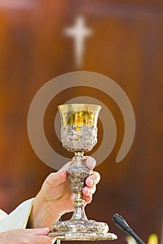 Water and wine on the altar ready for Holy Mass