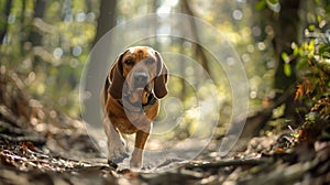 A Bloodhound diligently follows a scent trail his nose leading him to a stash of illegal explosives hidden in a forest. photo