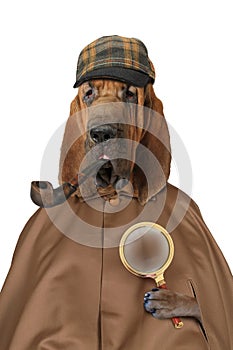 Bloodhound dog with magnifying glass and pipe