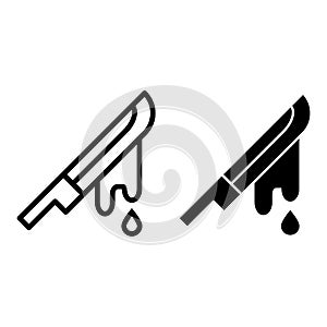 Bloodied knife line and glyph icon. Crime vector illustration isolated on white. Bloodied blade outline style design