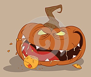 Bloodthirsty pumpkin eating an orange on Halloween